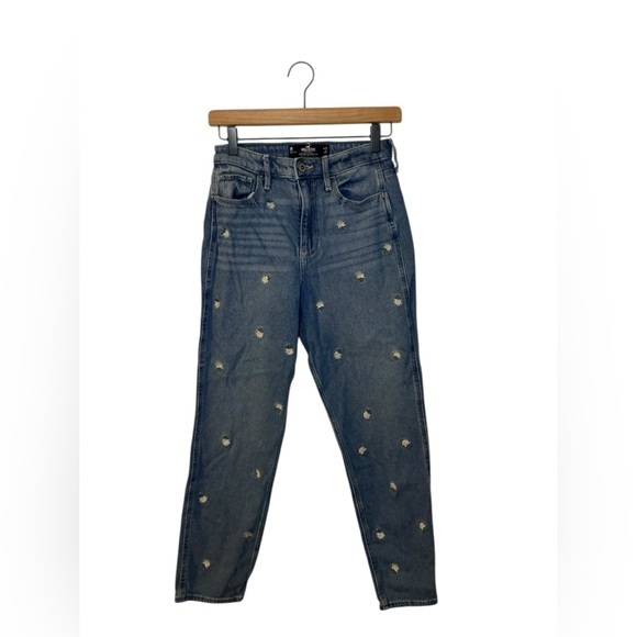 Hollister High Rise Blue Mom Jeans with Floral Embroidery - Picture 1 of 5